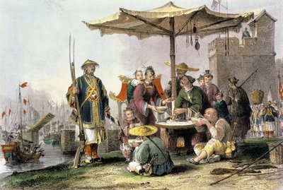Rijstverkopers bij het militaire station van Tong-Chang-Too, uit 